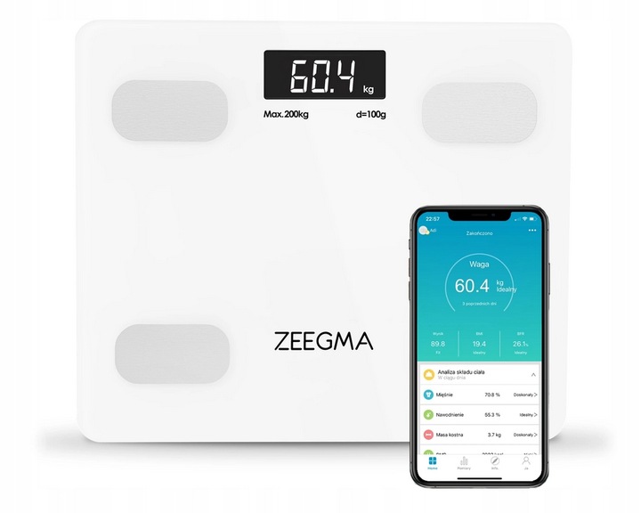 INTELIGENTNA WAGA ŁAZIENKOWA BLUETOOTH ANALITYCZNA APLIKACJA ZEEGMA 17W1