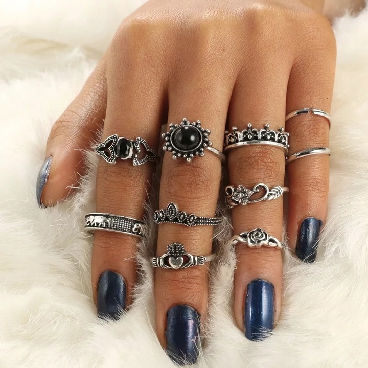 Srebrny ZESTAW PIERŚCIONKÓW RETRO PUNK BOHO 09