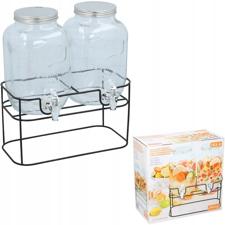 Słój z Kranikiem 2x 4l Słoiki+ podstawka do ogrodu na piknik lemoniadę wodę