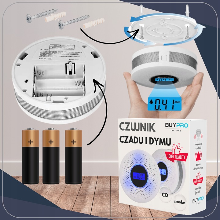 Czujnik Czadu i dymu Tlenku Węgla Detektor Alarm Wykrywacz Czadu CERTYFIKAT