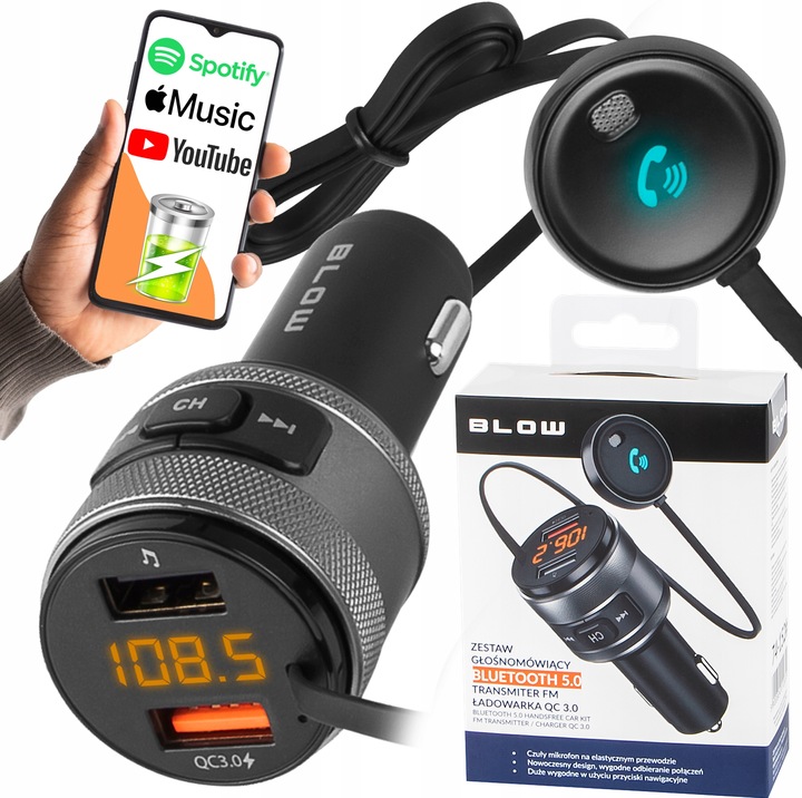 TRANSMITER BLUETOOTH SAMOCHODOWY ŁADOWARKA ZESTAW GŁOŚNOMÓWIĄCY USB QC3.0
