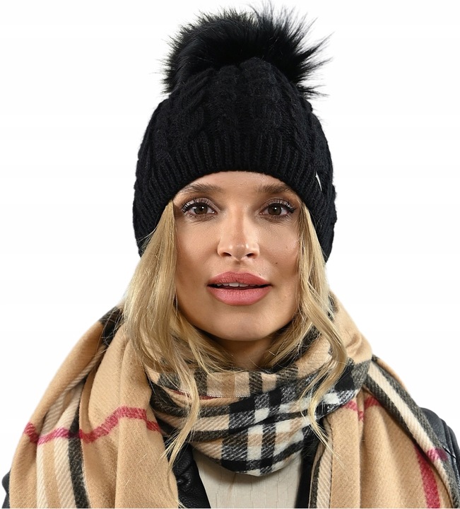 Czapka damska zimowa Ciepła dwuwarstwowa z polarem Pompon POLSKA Produkcja