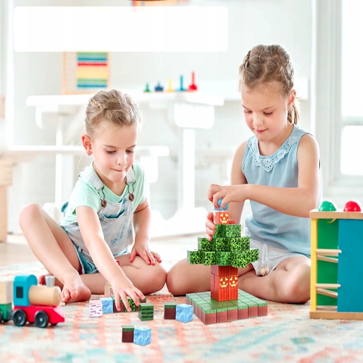 Klocki Magnetyczne Minecraft- Sześciany 128 szt. + Figurka i Karty- Mocne!