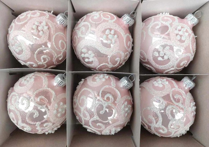 Bombki szklane róż połysk esy z kwiatem 8cm