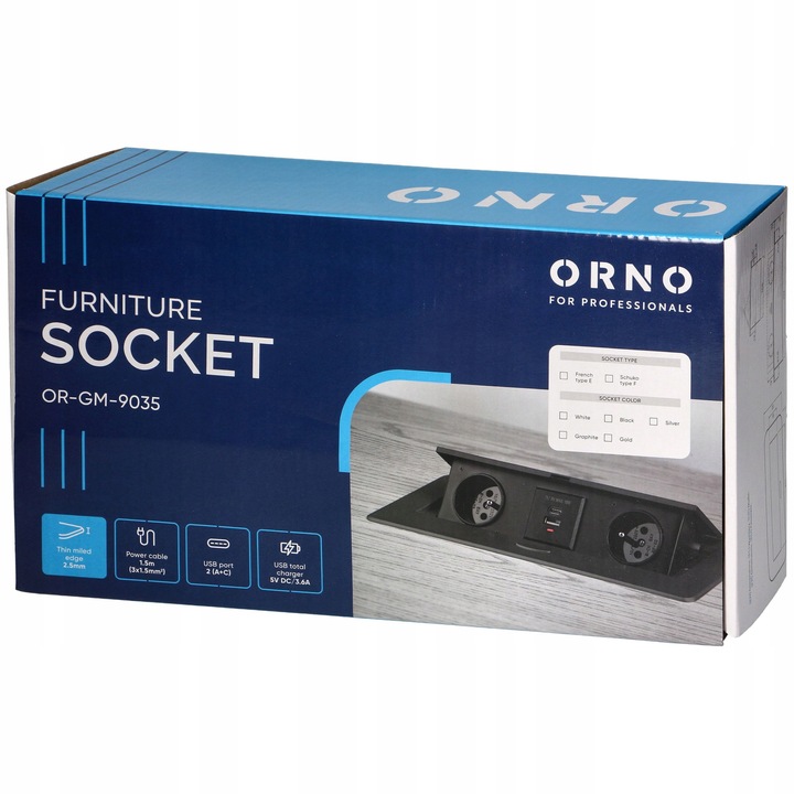 GNIAZDO CHOWANE WPUSZCZANE W BLAT NABLATOWE 2x 230V Z ŁADOWARKĄ USB-C 1,5m