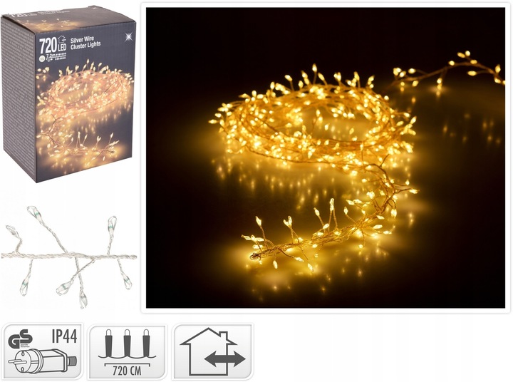 Lampki 720 LED 7,2 metra CLUSTER RYŻ CIEPŁY BIAŁY SREBRNY DRUCIK