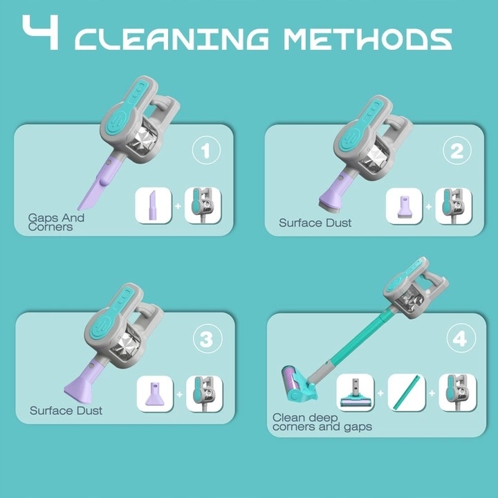 ODKURZACZ PIONOWY DLA DZIECI WCIĄGA AGD NA BATERIE funkcja ssania 4W1