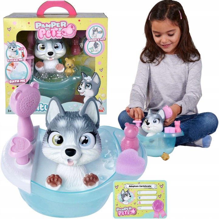 PAMPER PETZ ZESTAW Z WANNĄ INTERAKTYWNY PIESEK HUSKY PIJE SIKA + BUTELECZKA