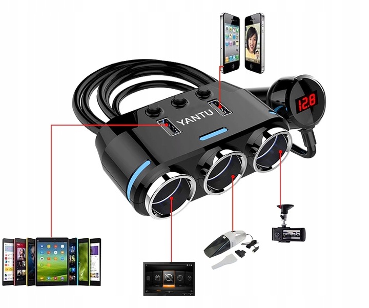 TRÓJNIK ROZGAŁĘŹNIK ZAPALNICZKI WOLTOMIERZ 2x USB