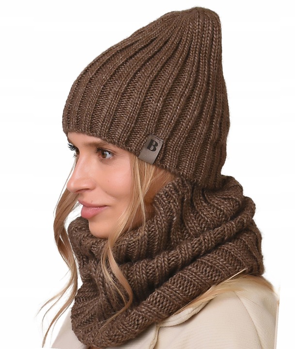 damski Komplet brązowyi zimowy CZAPKA Z KOMINEM ciepły ZESTAW polski Be4