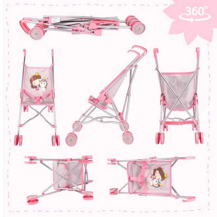 WÓZEK DLA LALEK LEKKI SKŁADANY PARASOLKA SPACERÓWKA JEDNOROŻEC KSIĘŻNICZKA