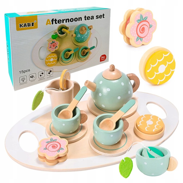 SERWIS KAWOWY HERBACIANY DREWNIANY ZESTAW DO HERBATY DLA DZIECI CZAJNIK 15e