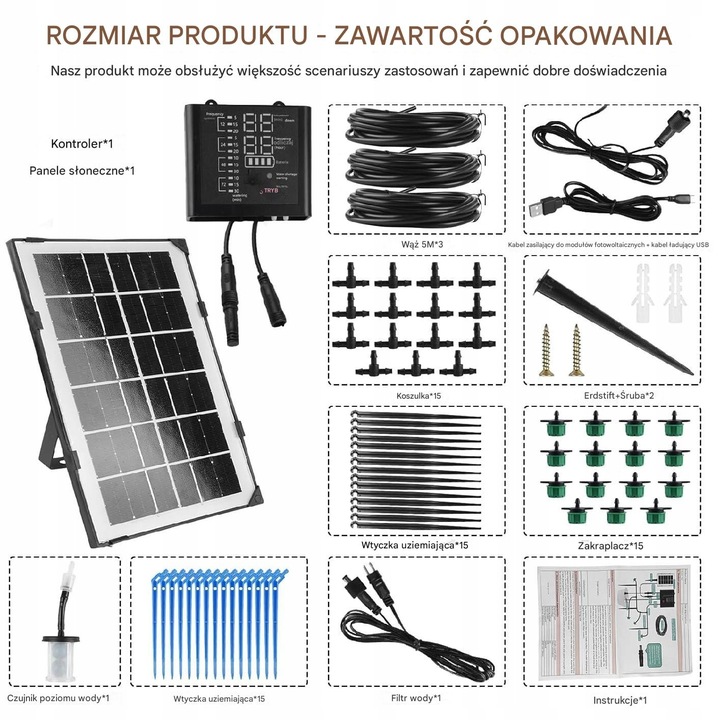 Solarny słoneczny system nawadniania SPORGO 15m automat 12 trybów timera