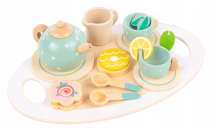 DREWNINAY ZESTAW DO HERBATY DLA DZIECI KINDERPLAY AKCESORIA + TACA