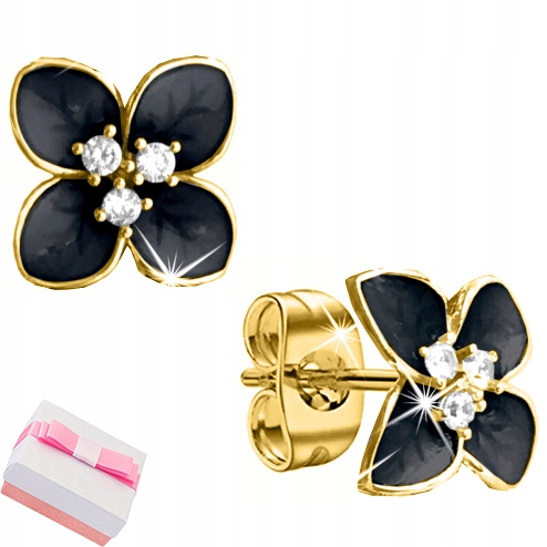 Kolczyki wkrętki kwiatki czarne wkrętki sztyfty srebro 925 pozłacane