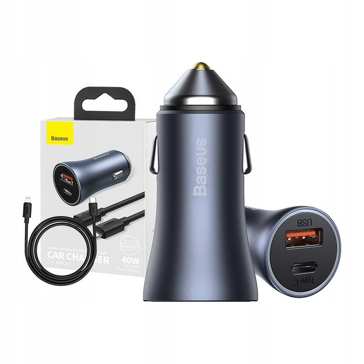 Szybka Ładowarka Samochodowa + Przewód Kabel Szybki Baseus USB + USB-C, QC4