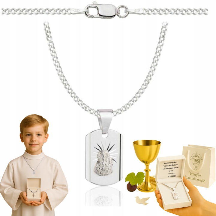 SREBRNY ŁAŃCUSZEK NA KOMUNIE Z MEDALIKIEM PR 925 GRAWER GRATIS KOMUNIJNY