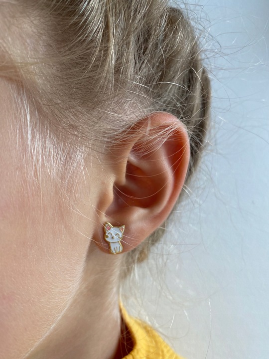 KOLCZYKI SREBRNE DLA DZIEWCZYNKI DZIECI WKRĘTKI SREBRO 925 KOTEK ZŁOTE