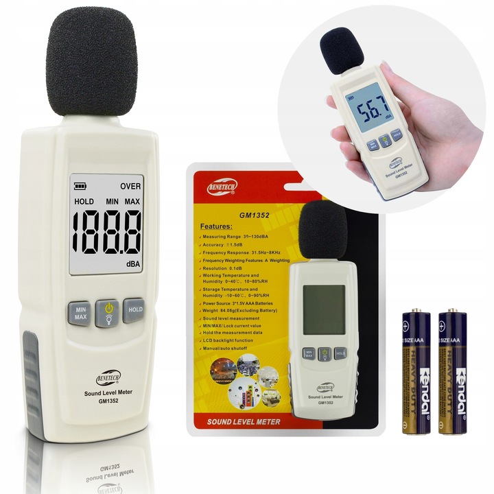 SONOMETR DECYBELOMIERZ CYFROWY MIERNIK NATĘŻENIA POZIOMU DŹWIĘKU HAŁASU LCD