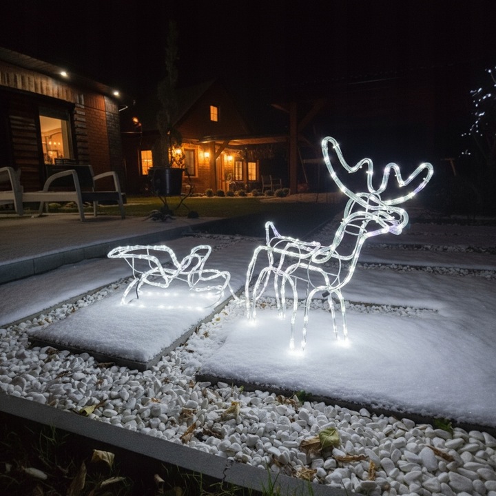 Renifer z Saniami LED Świecący Świąteczny Na Zewnątrz Do Ogrodu Biały Zimny