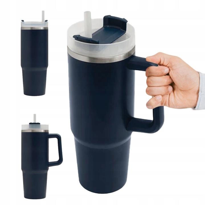 KUBEK TERMICZNY Z UCHWYTEM I SŁOMKĄ 900 ML DO AUTA Szczelny Stal Nierdzewna