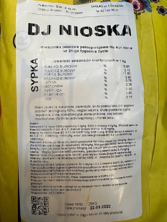 Pasza dla kur niosek, DJ Nioska sypka, worek 25kg, NEOROL