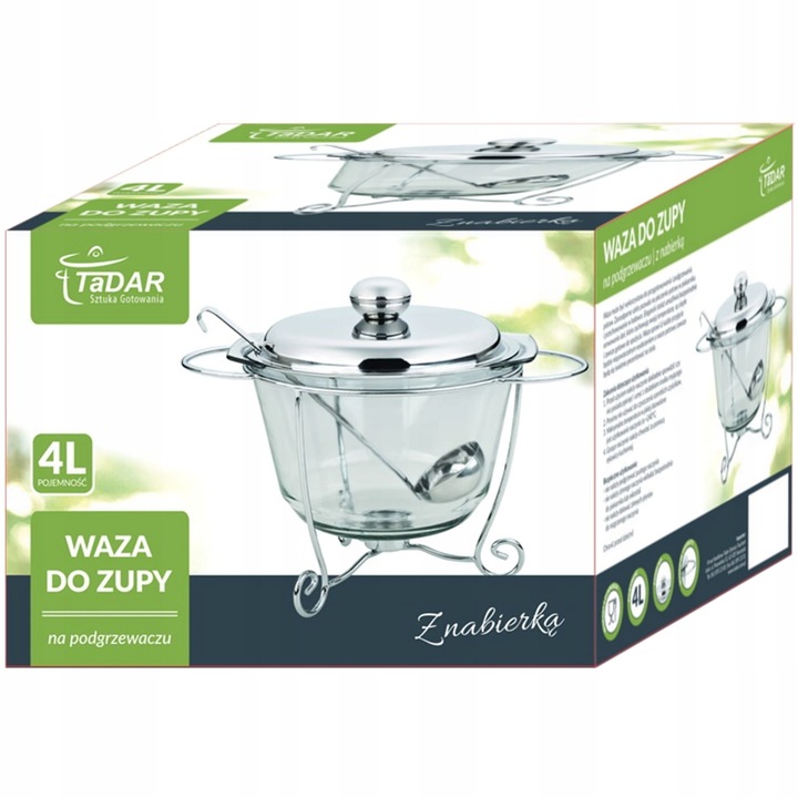 WAZA do ZUPY SOSÓW z PODGRZEWACZEM Łyżka Wazowa Srebrna STALOWA Tadar 4 l