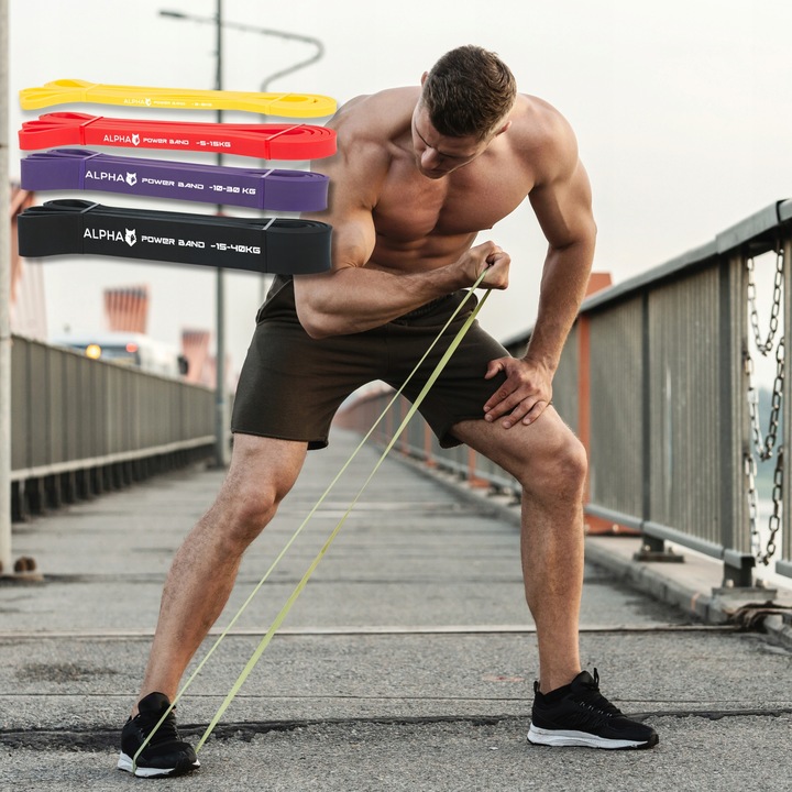 Zestaw 4 Gum Oporowych do Ćwiczeń z Uchwytem Gratis - Power Band ALPHA