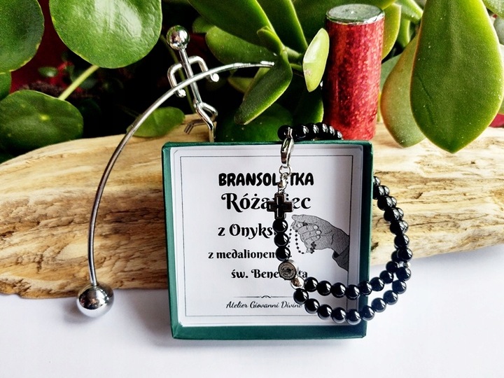 Bransoletka Męska RÓŻANIEC na rękę CAŁY PEŁNY z kamieni ONYKSU św.Benedykt