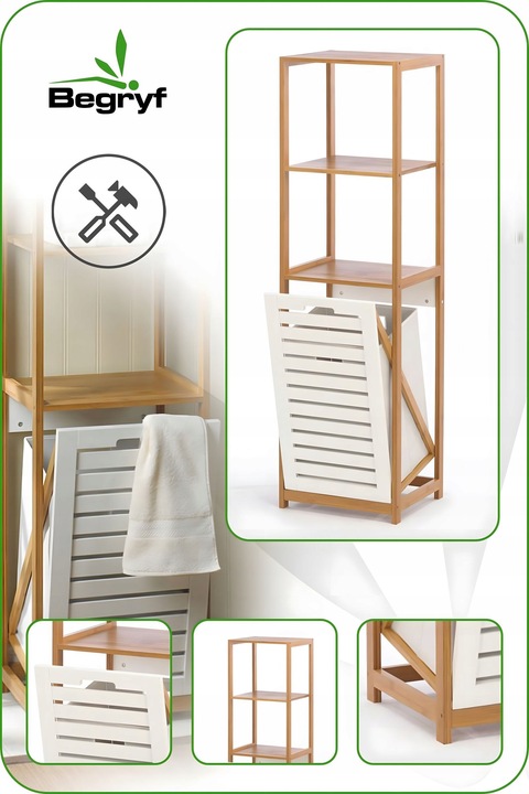 KOSZ NA PRANIE wąski REGAŁ bambusowy do ŁAZIENKI wysuwany PÓŁKI bambus loft