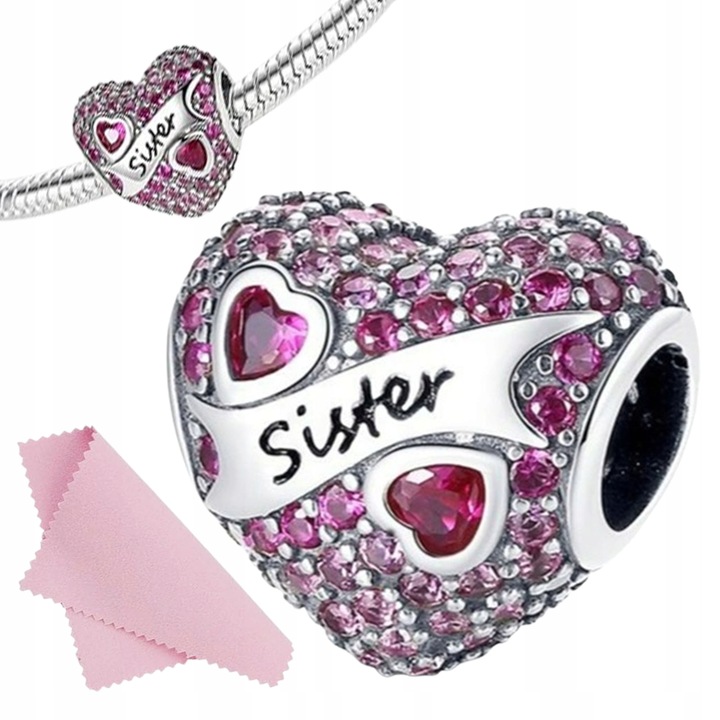 Charms zawieszka Serce SISTER siostra srebrny charms cyrkonie próba s925