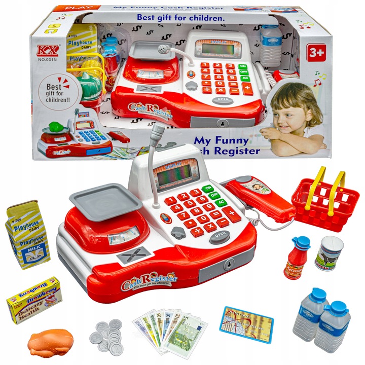 SUPERMARKET SKLEP Kasa Fiskalna Produkty Skaner Koszyk Mikrofon Waga Monety