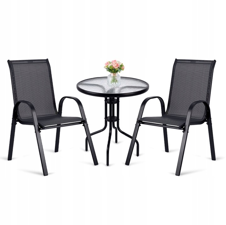 ZESTAW STOLIK OKRĄGŁY 2 KRZESŁA METALOWE TEKSTYLNE OGRODOWE NA TARAS BALKON