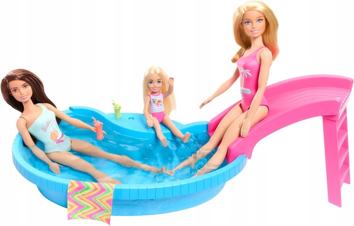 LALKA BARBIE BASEN zestaw basen ze zjeżdżalnią + lalką Barbie w kostiumie