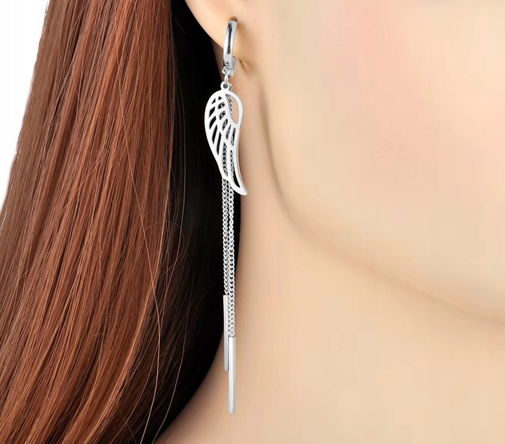 KOLCZYKI DŁUGIE ŁAŃCUSZKI SKRZYDŁA STAL CHIRURGICZNA 316 L KOLOR SREBRNY