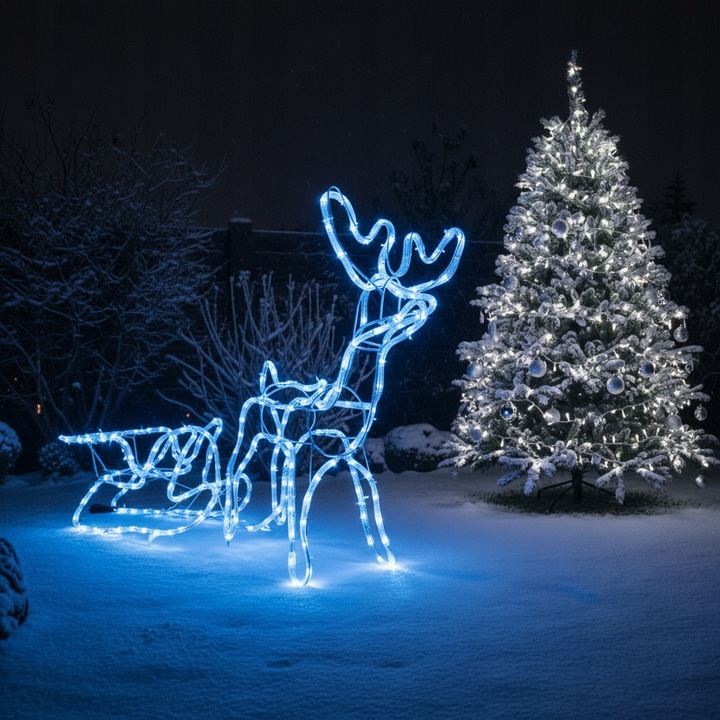 Renifer z Saniami LED Świecący Świąteczny Na Zewnątrz Do Ogrodu Niebieski