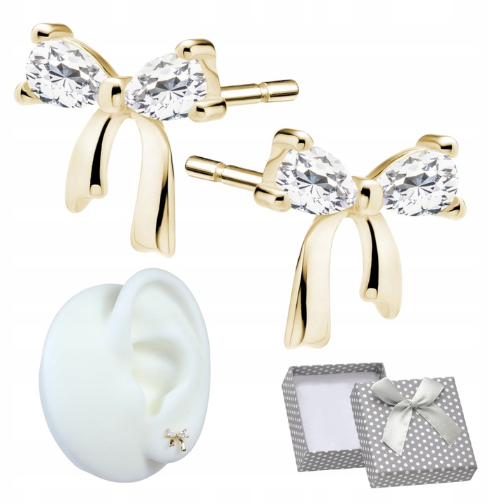 KOLCZYKI SREBRNE 925 Pozłacane z cyrkoniami KOKARDKI KOKARDY Wkrętki Prezen