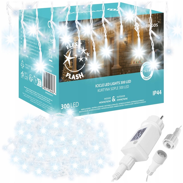 LAMPKI SOPLE CHOINKOWE 300LED KURTYNA ŚWIETLNA FLASH LED ZEWNĘTRZNY TIMER