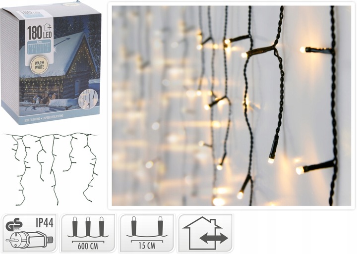 KURTYNA świetlna sople 180 led szer. 6 m na zewnątrz światło białe ciepłe