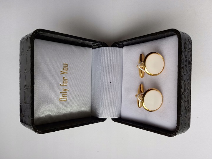 Spinki do mankietów EXC Złote Ślubne pozłacane masa perłowa w pięknym Etui