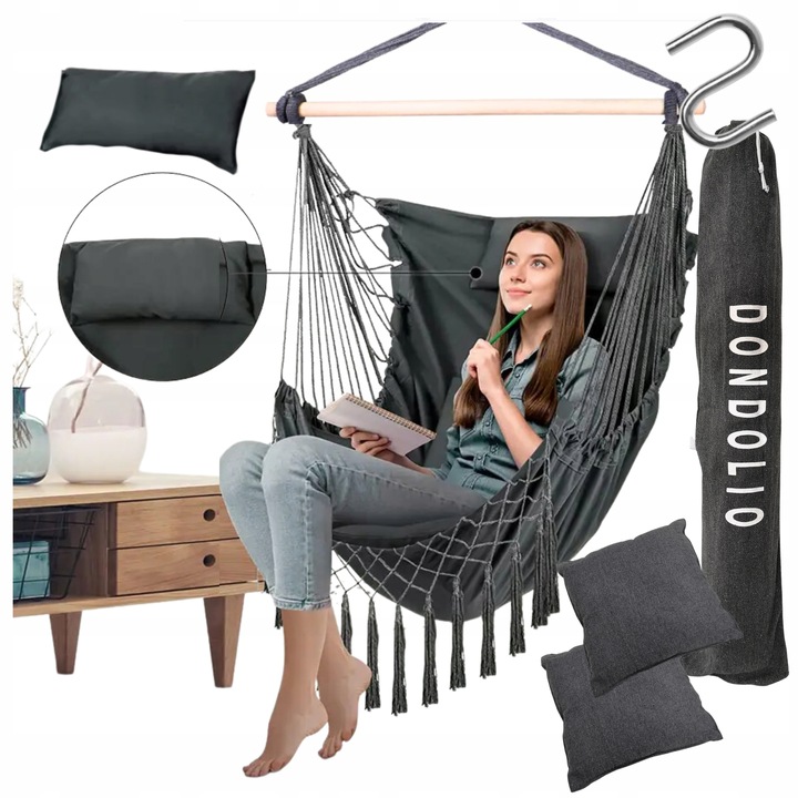 Hamak Huśtawka Fotel Wiszący Brazylijski Ogrodowy Bujany + 3 poduszki BOHO