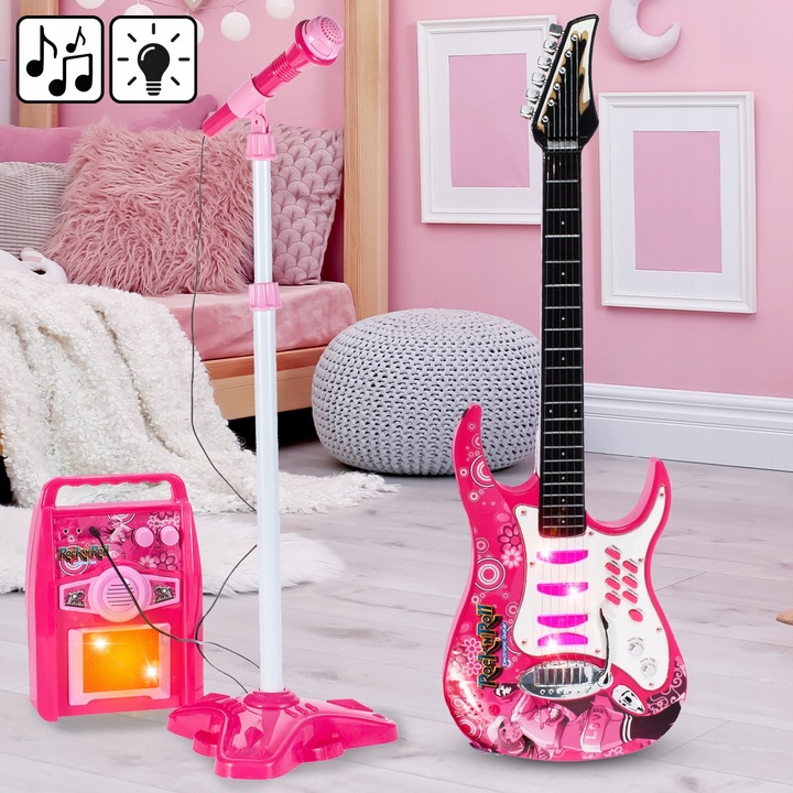 GITARA ELEKTRYCZNA DUŻA DLA DZIECI Z MIKROFONEM WZMACNIACZ STATYW RÓŻOWA