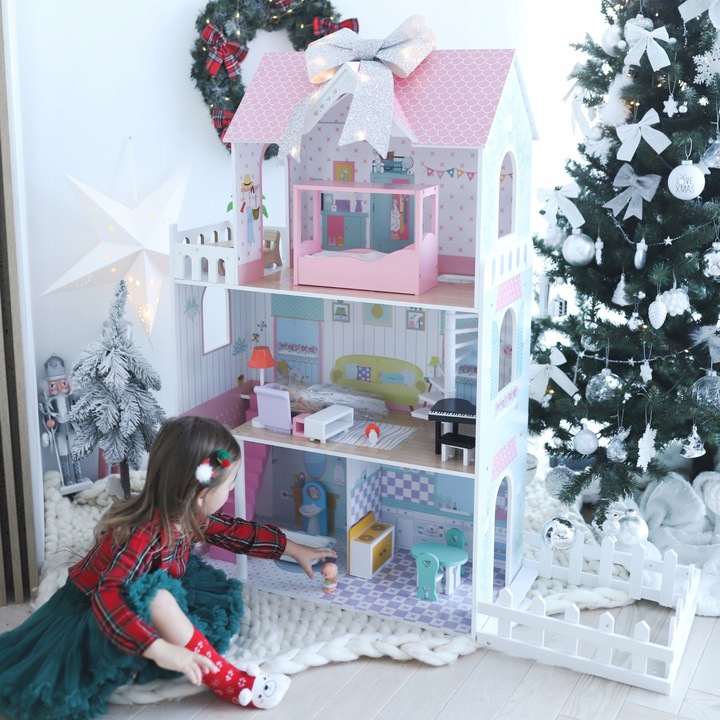 Duży Domek Dla Lalek XXL Drewniany Mebelki Do Zestawu Oświetlenie LED