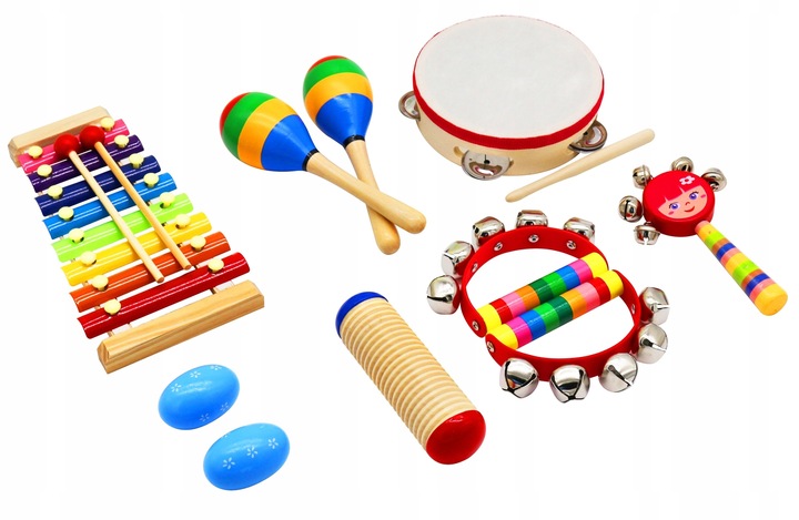 DREWNIANE INSTRUMENTY MUZYCZNE DLA DZIECI W PLECAKU ZESTAW CYMBAŁKI PLECAK