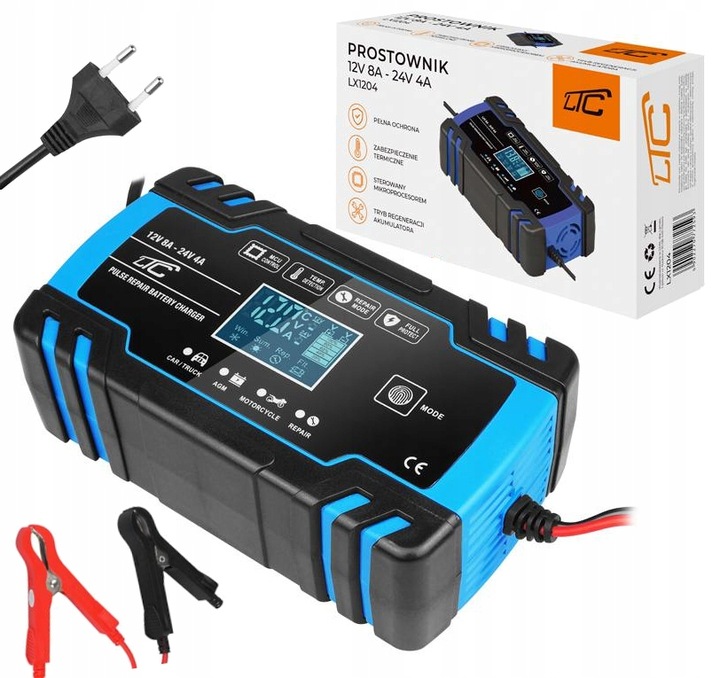 Prostownik samochodowy do akumulatorów LTC LX1204 12 V 24 V LCD ładowarka