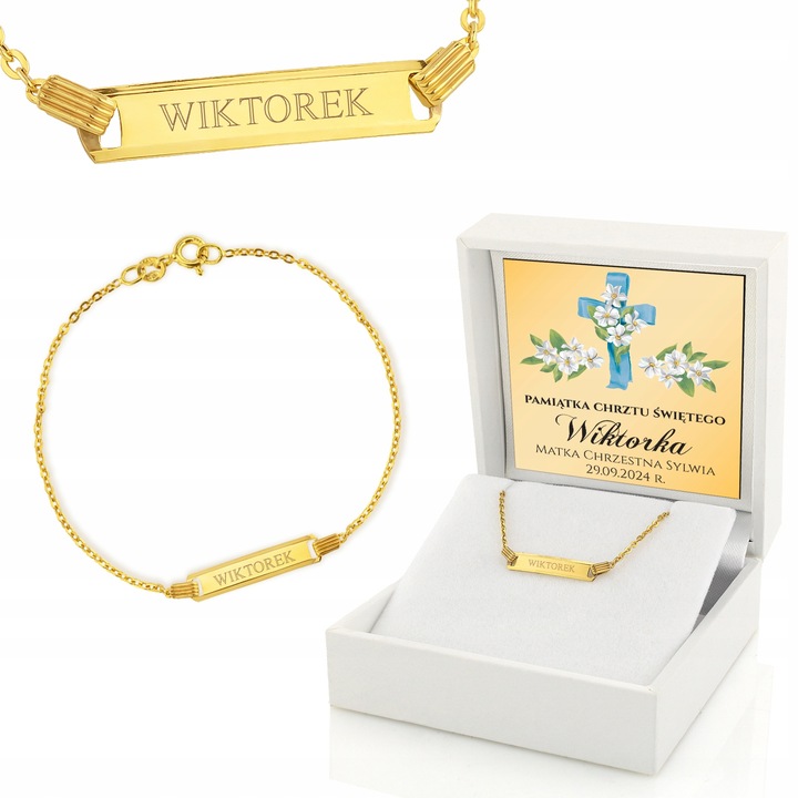 Złota Bransoletka 585 Pamiątka Chrztu dla Chłopca Grawer na Chrzest