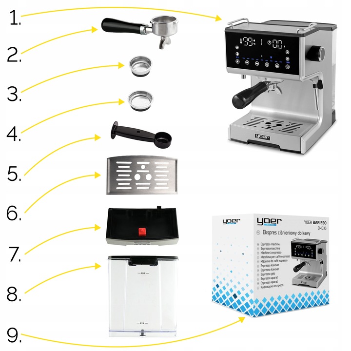 Ekspres ciśnieniowy Kolbowy Yoer 20bar 1350W +Spieniacz mleka +THERMOBLOCK