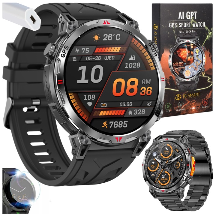 SMARTWATCH MĘSKI ZEGAREK CHAT GPT GPS ROZMOWY SPORT 650mAh 2 paski MENU POL