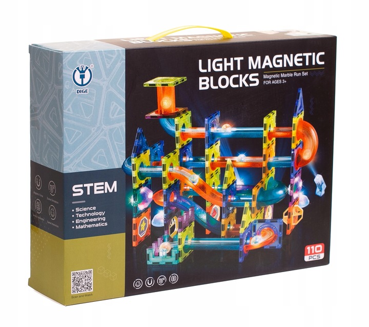 KLOCKI MAGNETYCZNE świecące - tor kulkowy Zestaw XXL 110 el. kulodrom