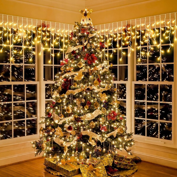 LAMPKI KURTYNA GĘSTE SOPLE CIEPŁO BIAŁE 1000 LED 25 m + FLASH ZIMNO BIAŁY